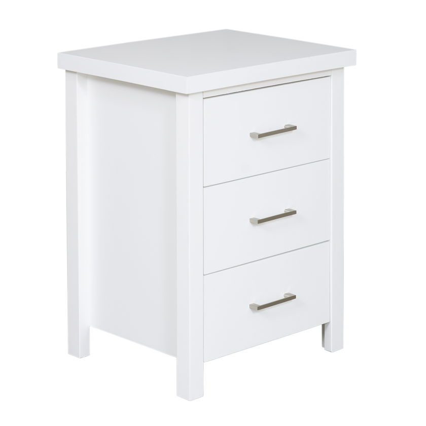 New Maestro 3 Drawer Bedside White (Long Handle)