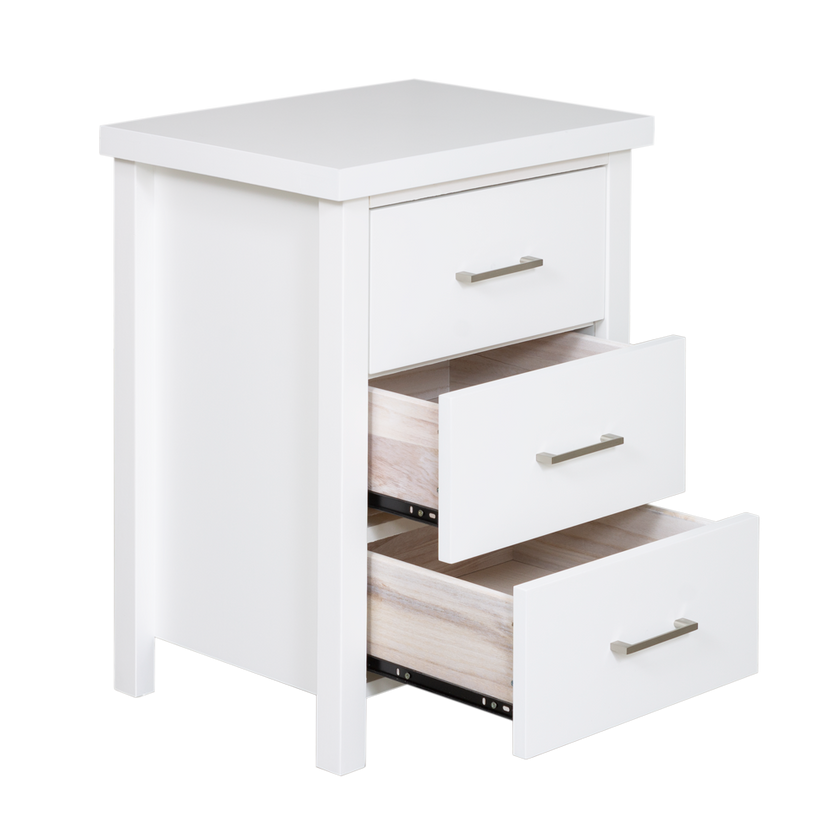 New Maestro 3 Drawer Bedside White (Long Handle)