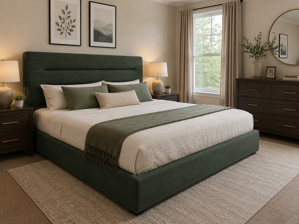 Gore Puffed Bed Base with Headboard ( Green) - Super King
