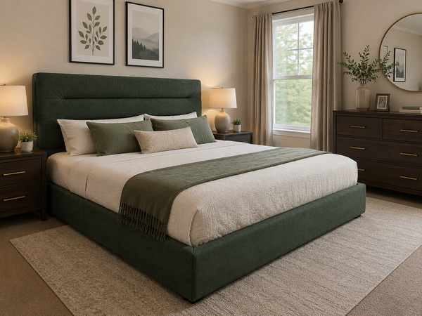 Gore Puffed Bed Base with Headboard ( Green) - Super King