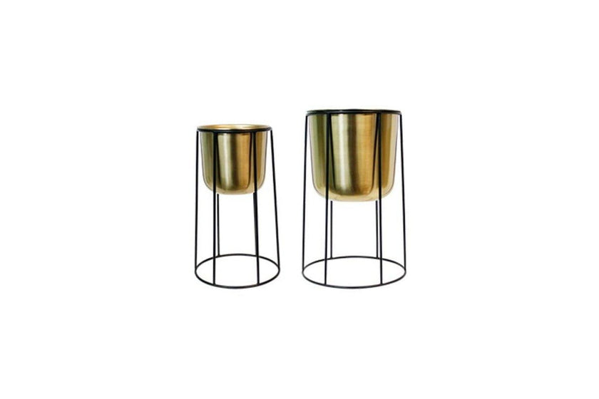 Gold Metal Planters on Black Stands Set/2