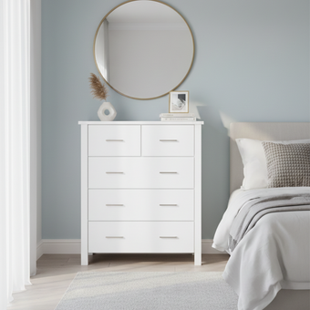 Alice 5 Drawer Tallboy- White (W860 D440 H1060mm)