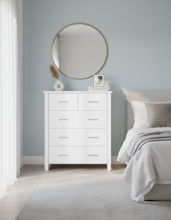 Alice 5 Drawer Tallboy- White (W860 D440 H1060mm)