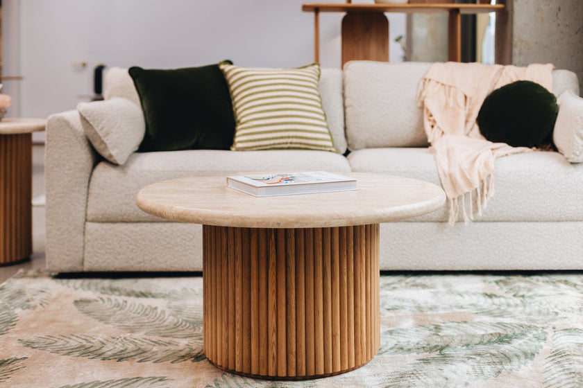Rho Travertine Top Coffee Table 85rd (Natural Oak Base)