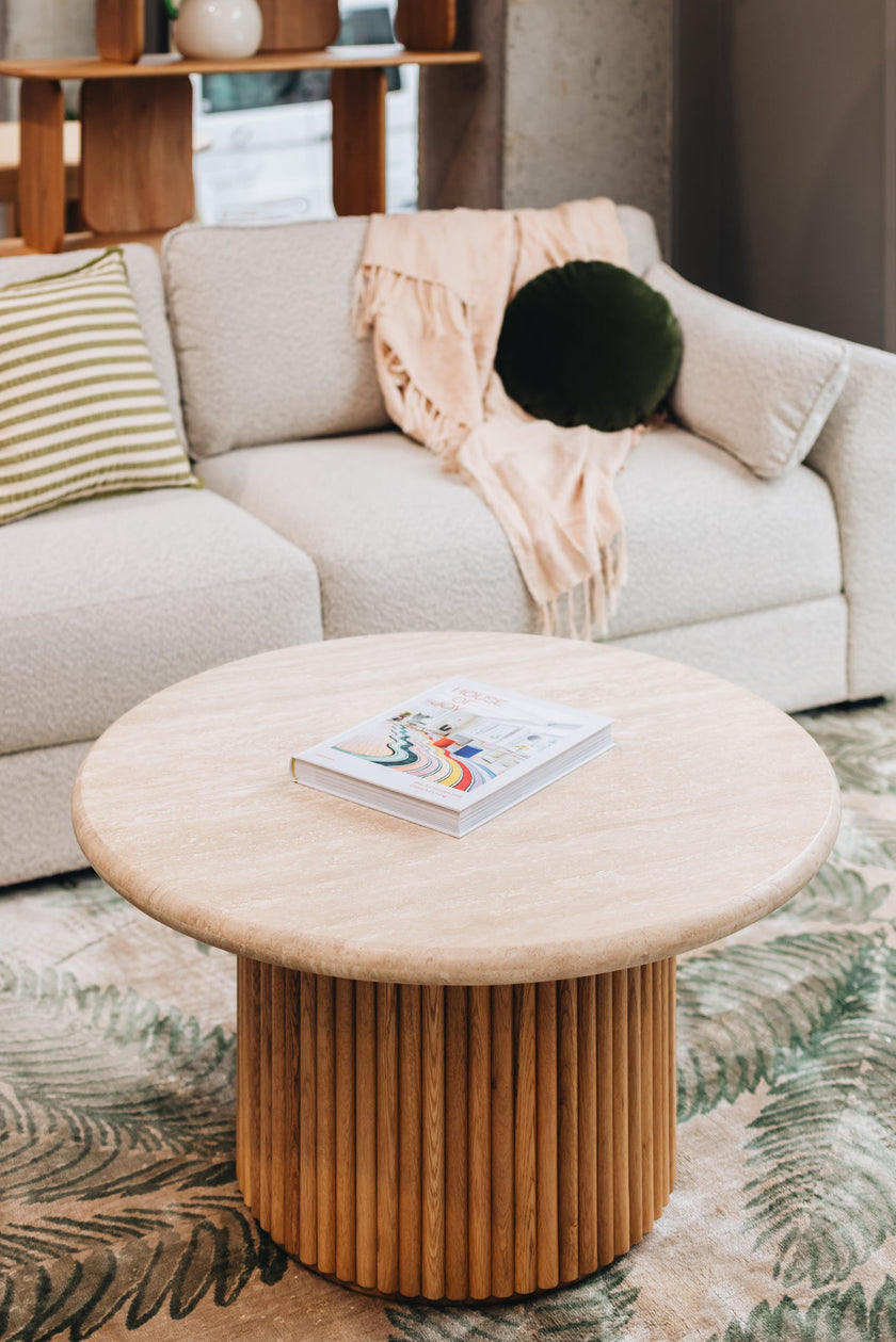 Rho Travertine Top Coffee Table 85rd (Natural Oak Base)